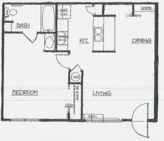 Floor plan for 1 bed, 1 bath, 590 sqft